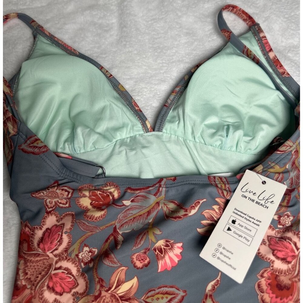 Cupshe Floral‎ Print One-Piece Swimsuit Adjustable Straps Blue Pink Size Small - Picture 5 of 7